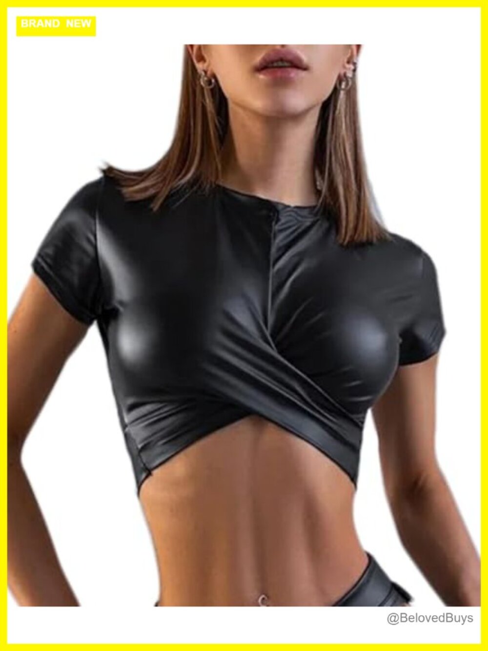 PU Leather Crop Top Short Sleeve Criss Cross Bodycon Faux Leather Tee Shirt Goth